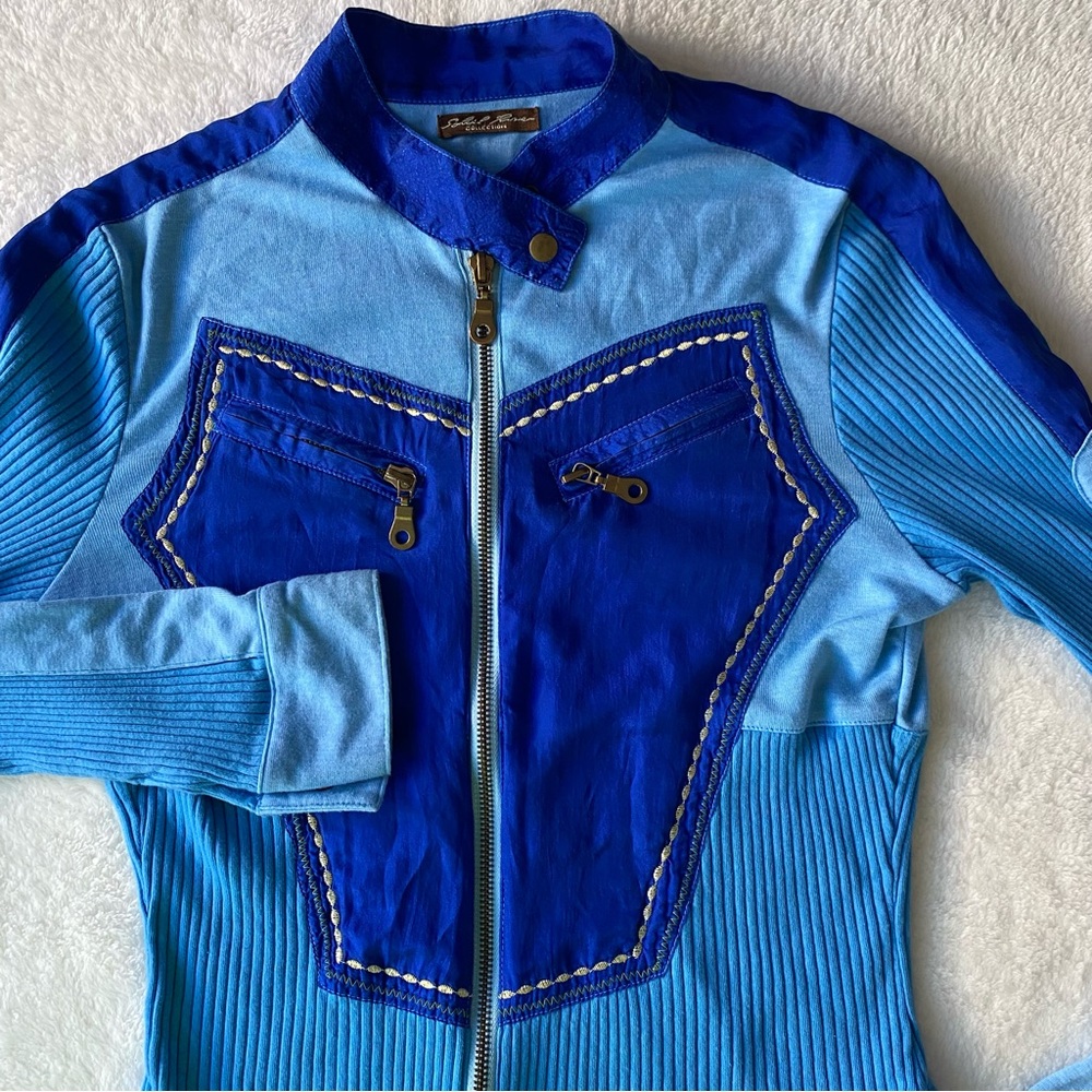 Retro Y2K Blue Color Block Ribbed Full Zip Jacket with‎ Pockets Small